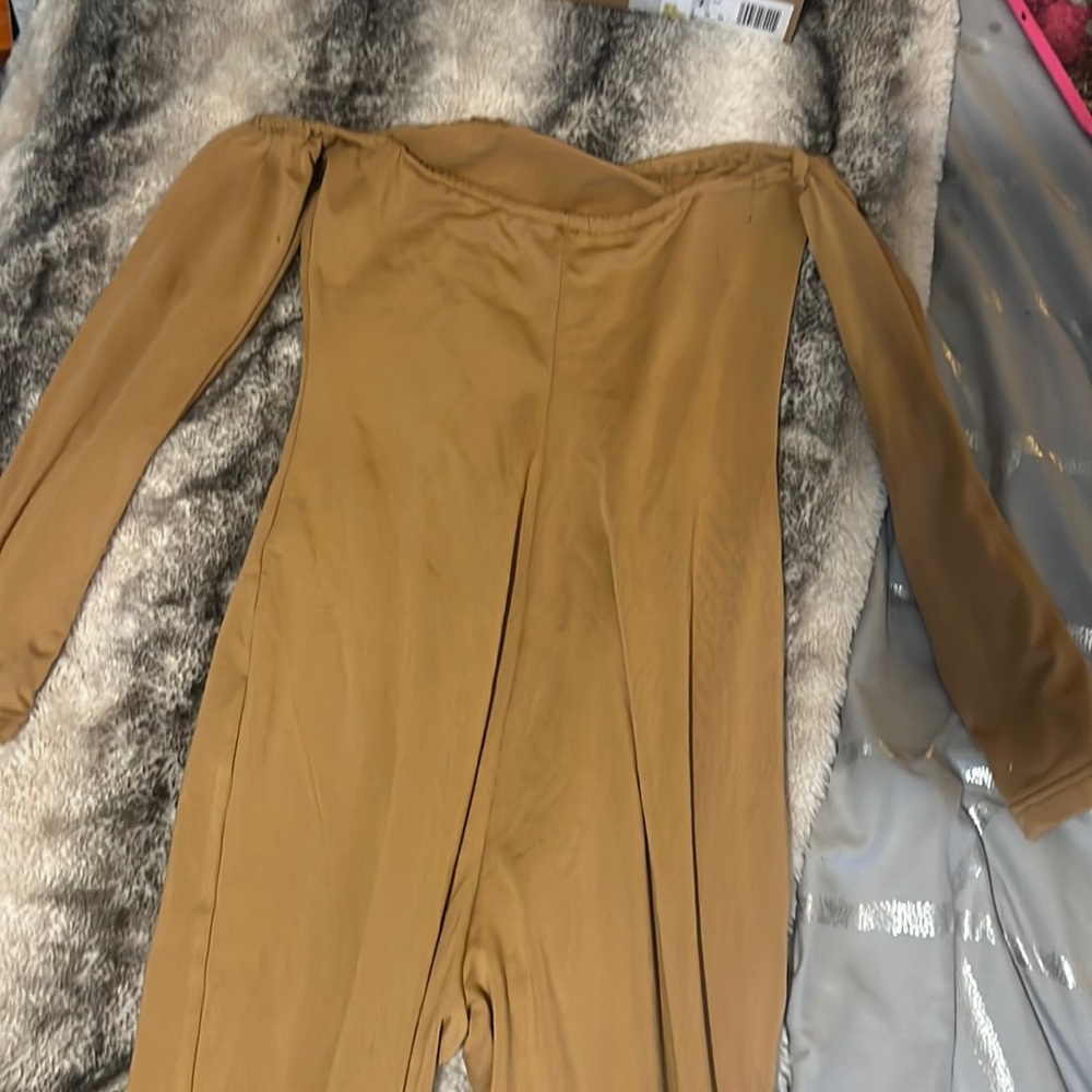 Tan off the shoulder long sleeve jumpsuit